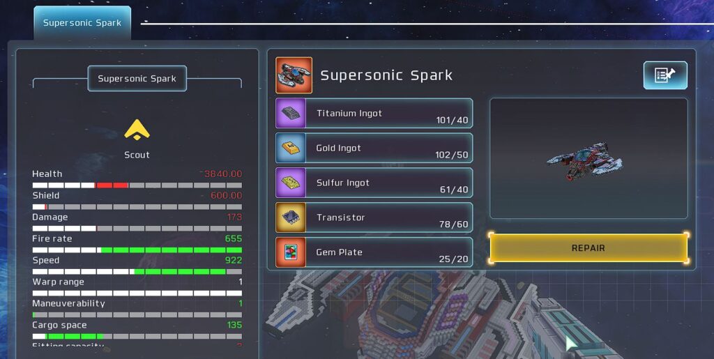 broken ship repairing interface