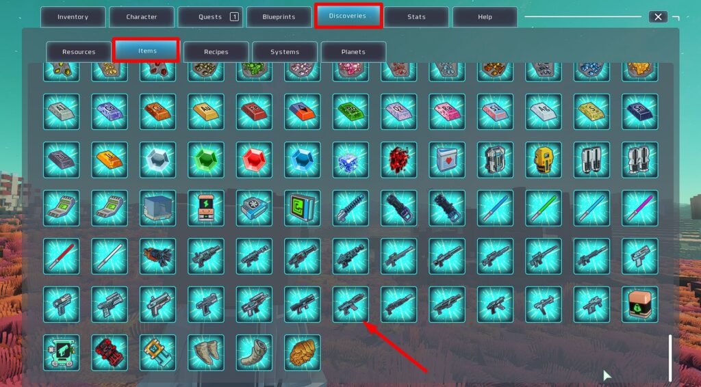 the “Discoveries” tab (creative mode)